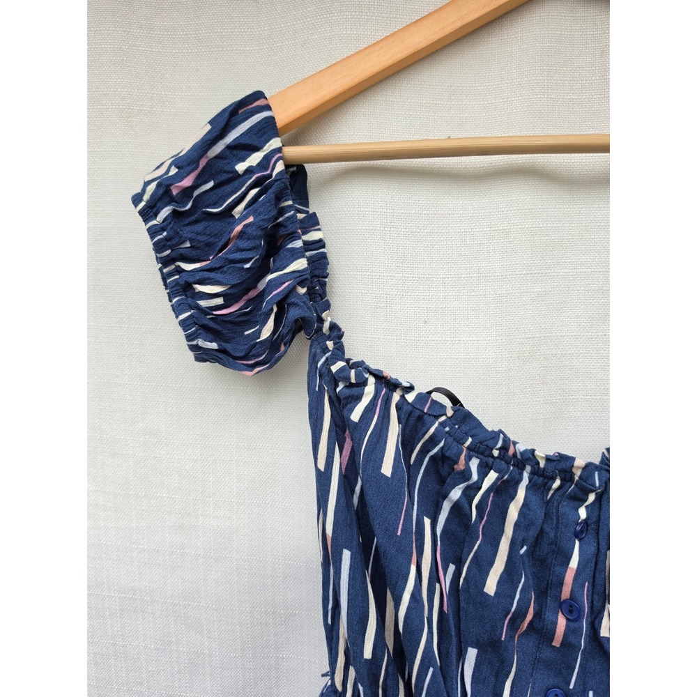 Lulus Navy Blue Abstract Stripe Off Shoulder Jumpsuit Medium Puff Sleeve Boho - Picture 6 of 8